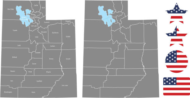 灰色の背景のユタ郡地図ベクトル アウトライン。郡名とユタ州の地図とアメリカ合衆国フラグ アイコン ベクトル イラスト デザイン - アイアン郡点のイラスト素材／クリップアート素材／マンガ素材／アイコン素材