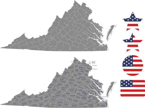 kontur wektora mapy hrabstwa wirginia w szarym tle. mapa stanu wirginia w usa z oznaczonymi nazwami hrabstw i projektami ilustracji wektorowych flag flag stanów zjednoczonych - buckingham palace stock illustrations