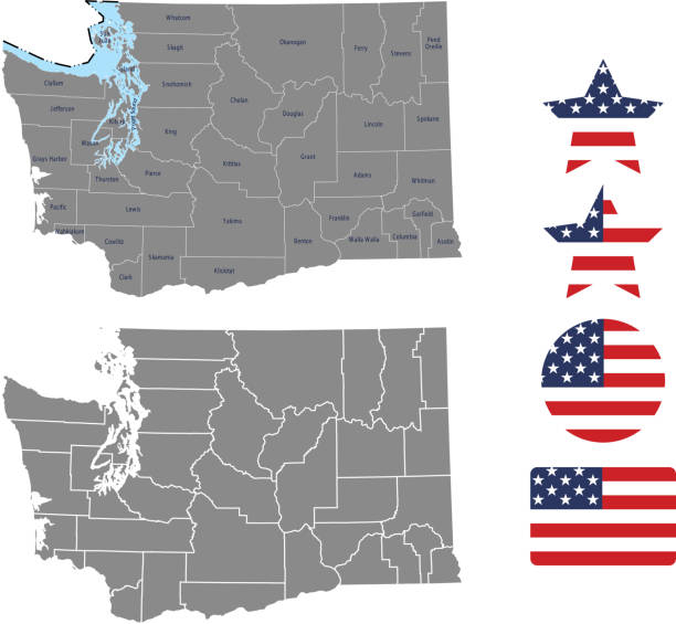 華盛頓縣地圖向量輪廓灰色背景。美國華盛頓州地圖與縣名稱標記和美國國旗圖示向量插圖設計 - bellingham 幅插畫檔、美工圖案、卡通及圖標