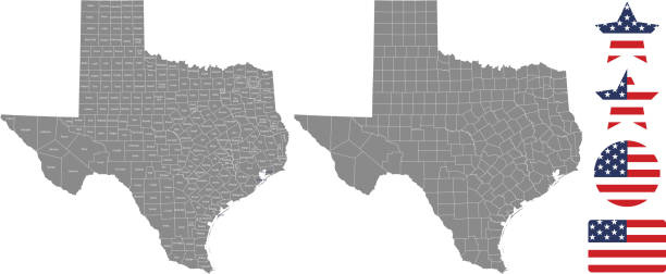 Texas county map vector outline in gray background. Texas state of USA map with counties names labeled and United States flag icon vector illustration designs The maps are accurately prepared by a GIS and remote sensing expert. corpus christi map stock illustrations