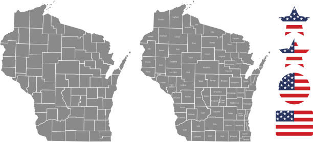 Wisconsin county map vector outline in gray background. Wisconsin state of USA map with counties names labeled and United States flag icon vector illustration designs The maps are accurately prepared by a GIS and remote sensing expert. wisconsin stock illustrations