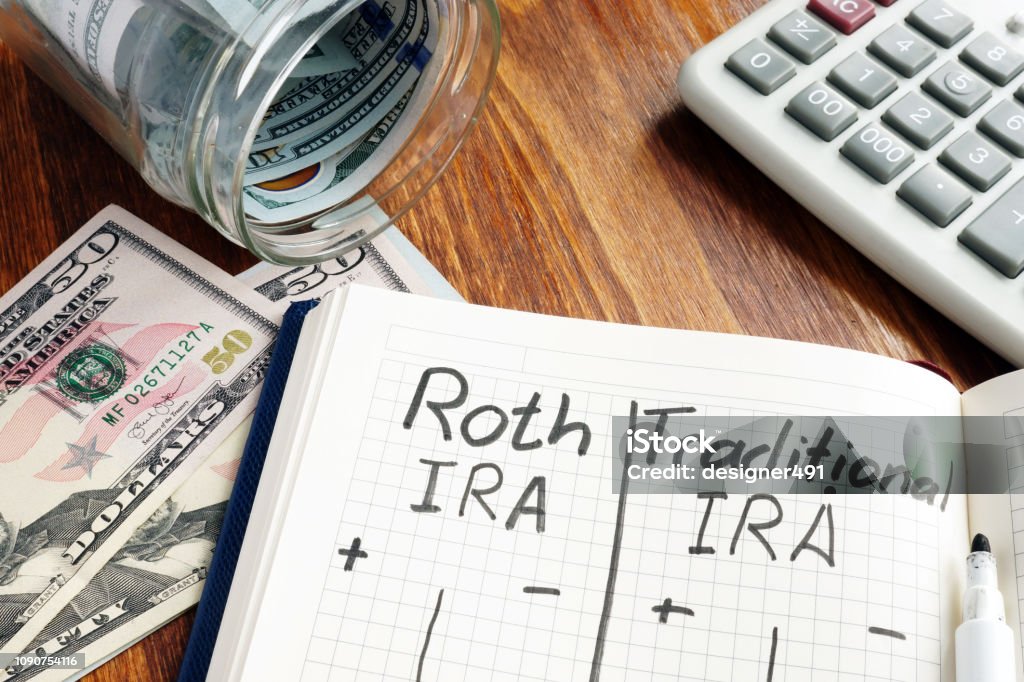 Roth IRA vs Traditional IRA written in the notepad. Pension Stock Photo