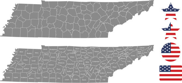Tennessee county map vector outline in gray background. Tennessee state of USA map with counties names labeled and United States flag icon vector illustration designs The maps are accurately prepared by a GIS and remote sensing expert. tennessee stock illustrations