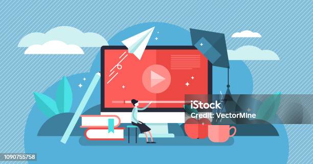 Online Courses Vector Illustration Flat Tiny Person Learn Virtual Concept Stock Illustration - Download Image Now