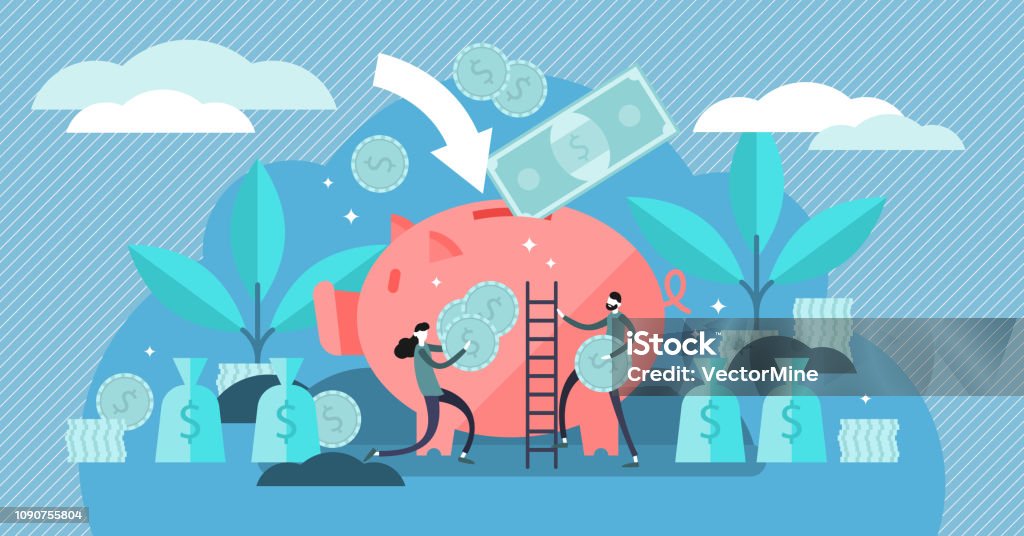 Money saving vector illustration. Flat tiny persons concept with piggy bank Money saving vector illustration. Flat tiny persons concept with budget piggy bank. Financial wealth symbol with cash money from savings. Investment success and safe economical fund deposit strategy. Savings stock vector