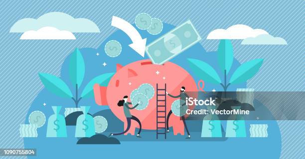 Money Saving Vector Illustration Flat Tiny Persons Concept With Piggy Bank Stock Illustration - Download Image Now