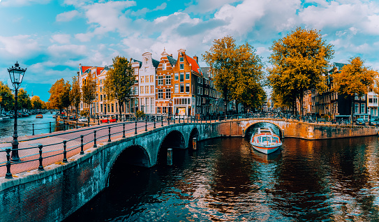 Panorama of Amsterdam. Famous canals und bridges at warm afternoon light. Netherlands.