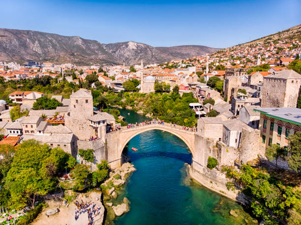 Aerial view of Mostar Bridge Stari Most, old Bridge of Mostar in Bosnia mostar stock pictures, royalty-free photos & images