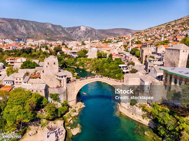 Aerial View Of Mostar Bridge Stock Photo - Download Image Now - Mostar, Bosnia and Herzegovina, Bridge - Built Structure