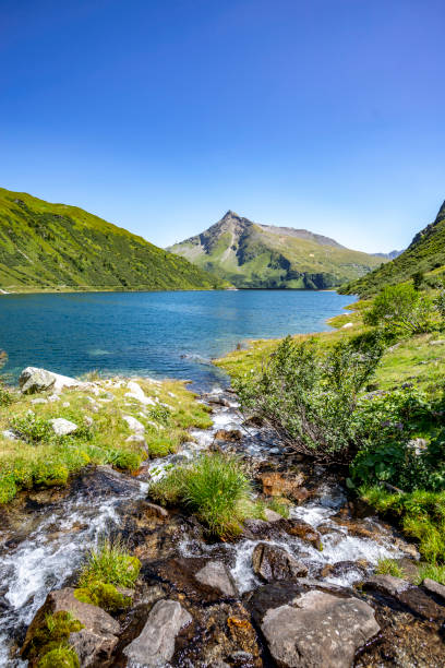 bach mit kaltem wasser fließt in einen see - european alps germany landscaped spring stock-fotos und bilder