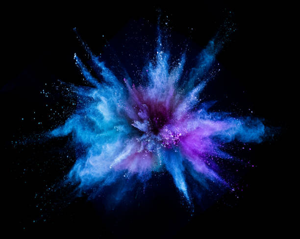 explosion of colored powder on black background - powder blue imagens e fotografias de stock