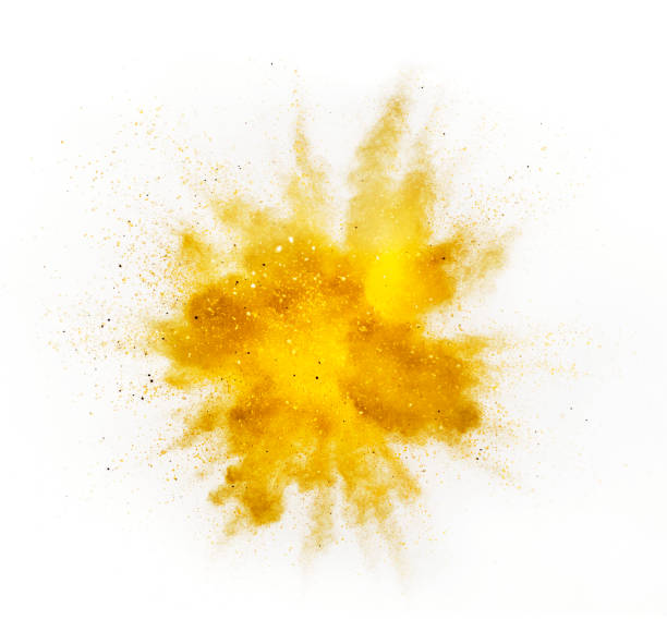 explosión de polvo coloreado sobre fondo blanco - amarillo color fotografías e imágenes de stock
