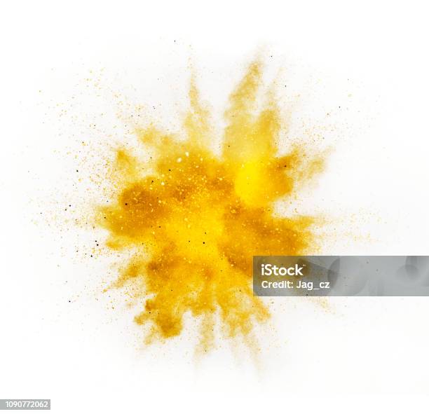 Foto de Explosão De Pó Colorido Sobre Fundo Branco e mais fotos de stock de Explodir - Explodir, Amarelo, Ground Spice