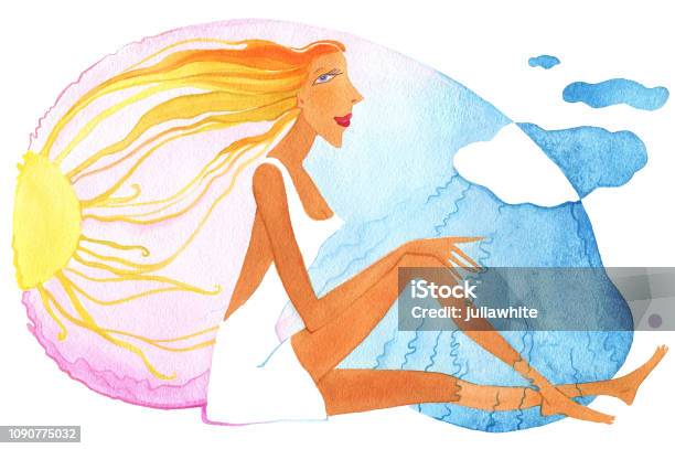 Girl Sitting Between Sun And Clouds Stock Illustration - Download Image Now - One Woman Only, Women, Adult