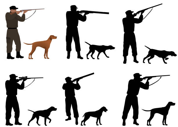 Hunter with dog Collection of silhouettes of hunters with dogs hunting stock illustrations