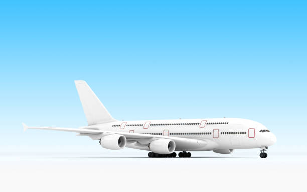 istock White airplane Airbus A380 ready to take-off isolated on blue background. Right side view. 3D illustration. 1090786444