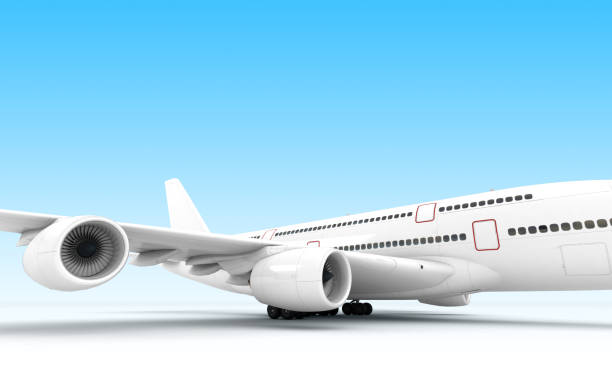 istock Airplane Airbus A380 ready to take-off isolated on blue background. Right side view. 3D illustration. 1090786634