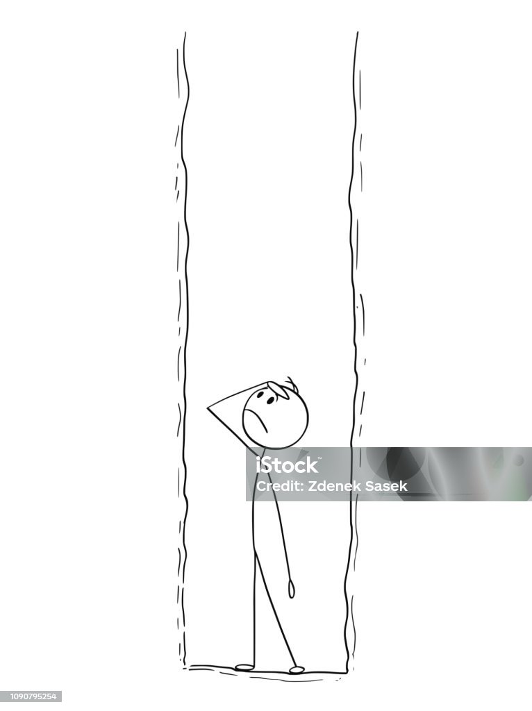 Cartoon of Man or Businessman Trapped in Deep Hole Cartoon stick drawing conceptual illustration of man or businessman trapped in deep hole and looking for rescue or deliverance. Hole stock vector