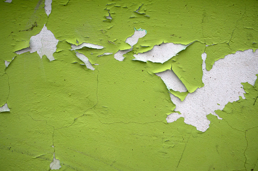 Old flaky white paint peeling off a grungy cracked wall