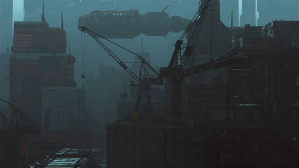 futuristic city industrial spaceship dockyard  construction - old crane blue sky imagens e fotografias de stock