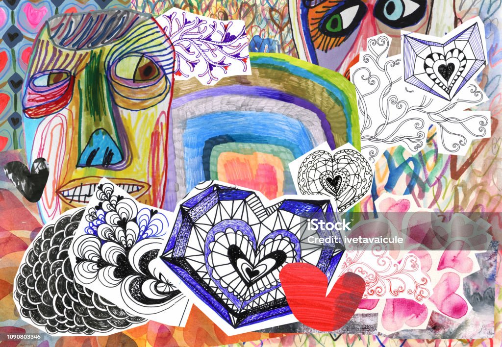 People hearts collage Collage of doodle hearts and hand drawn people faces Image Montage stock illustration