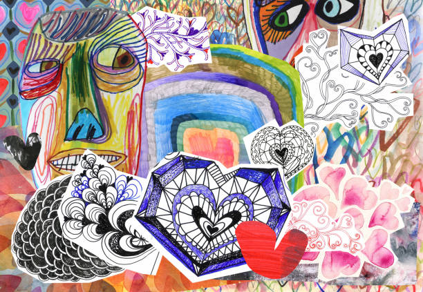People hearts collage Collage of doodle hearts and hand drawn people faces mixed media stock illustrations