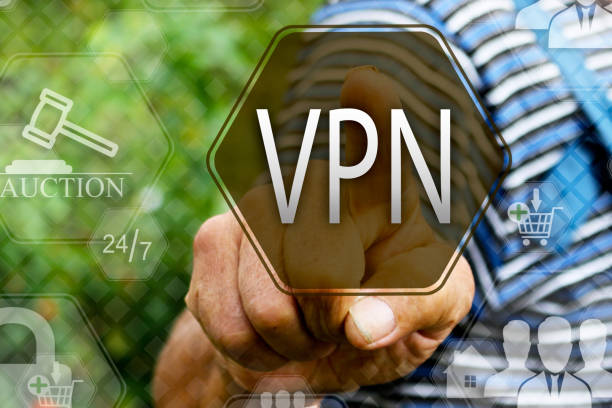 istock Elderly businessman, the farmer chooses  a VPN on the touch screen. Virtual private network web tag. Сoncept internet technology. 1090812122