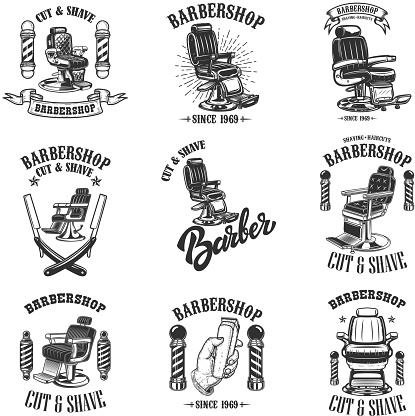 Set of vintage barber shop emblems with barber chair, badges and design elements.  for label, sign. Vector illustration