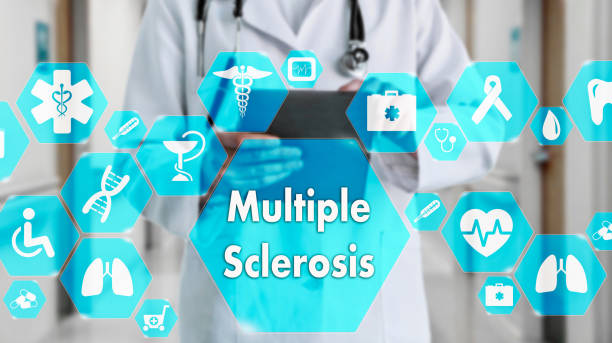 medical doctor  and multiple sclerosis , neurological disorder words in medical network connection on the virtual screen on hospital background. - doctor electronic organizer healthcare and medicine patient imagens e fotografias de stock