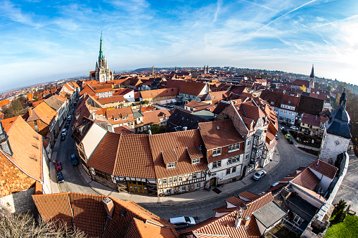 05/30/2022, Prague city, Czech republic. View of Prague old town from a gothic tower. Overcast sky, Springtime.\nNo people.