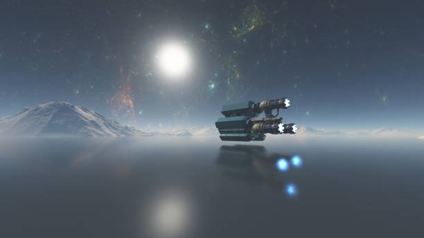 istock spacecraft flying over the alien planet ocean, 3d illustration, 3d Render 1090823350