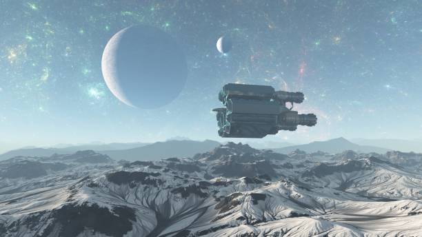 istock Spacecraft flying over the alien planet mountains,3d illustration, 3d Render 1090826314