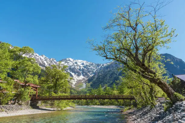 Idyllic landscape of Hotaka mountains and Kappa bridge in Kamikochi, Nagano, Japan