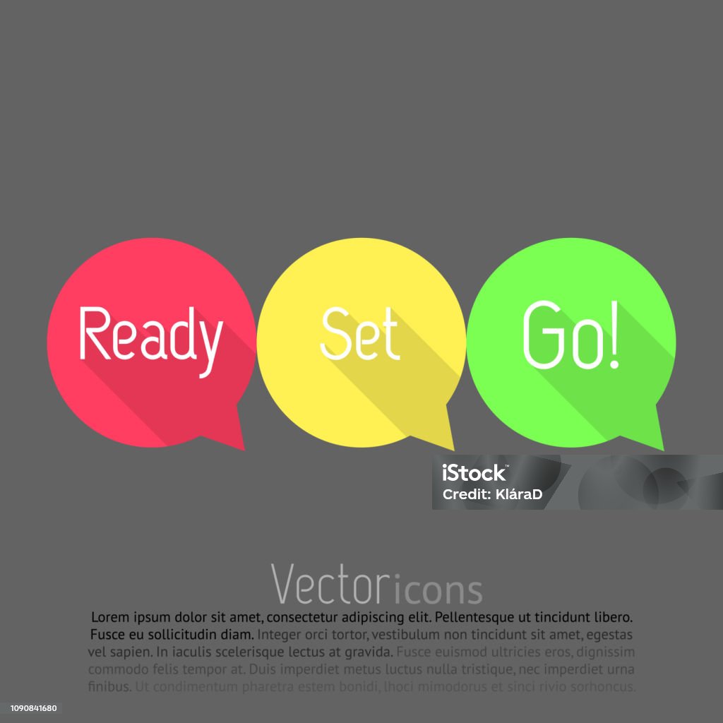 Ready, Set, Go! countdown. Vector talk bubble in three colors. Flat style design with long shadows. Ready, set, go! Ready, set, go icons on grey background Preparation stock vector