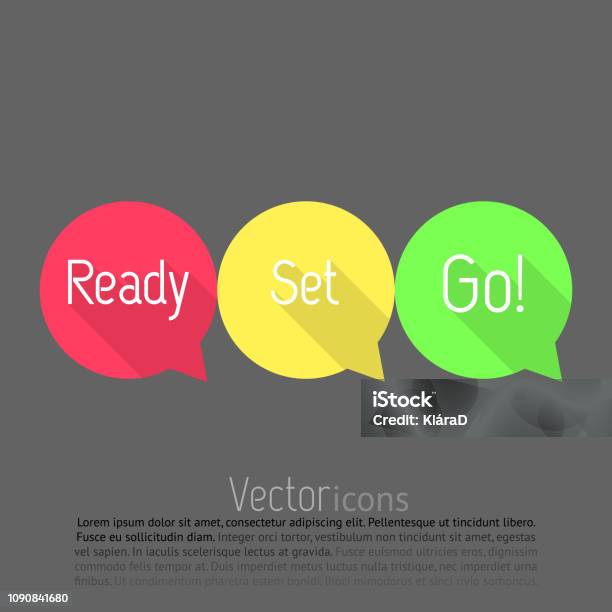 Ready Set Go Countdown Vector Talk Bubble In Three Colors Flat Style Design With Long Shadows Ready Set Go Stock Illustration - Download Image Now