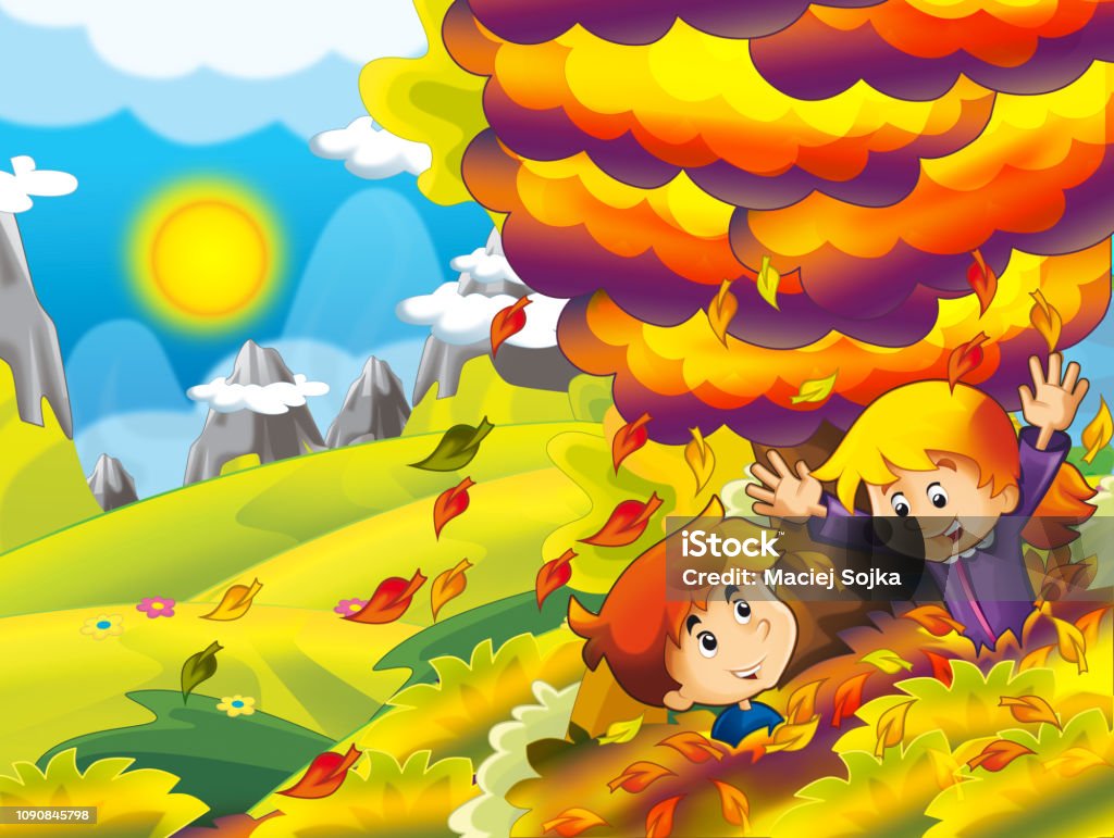 Cartoon Autumn Nature Background In The Mountains With Girl And Boy Playing  Hide And Seek And Having Fun With The Falling Leafs Stock Illustration -  Download Image Now - iStock