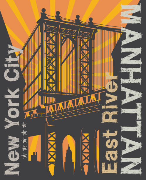 illustrazioni stock, clip art, cartoni animati e icone di tendenza di ponte di manhattan, new york, silhouette - new york city skyline silhouette manhattan