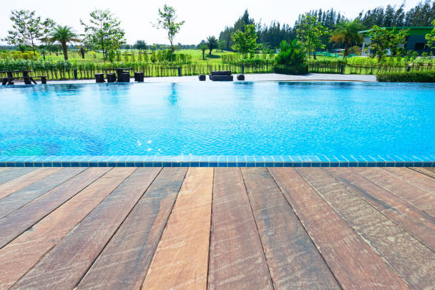 istock Beautiful blue water ,swimming pool for background and empty wood floor .Blank space for text and images 1090849522