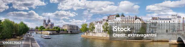 Panorama With Notre Dame Cathedral And Boat On Seine In Paris France Stock Photo - Download Image Now