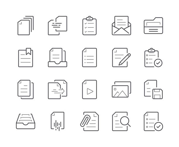 ilustraciones, imágenes clip art, dibujos animados e iconos de stock de simple conjunto de icono de línea del documento. movimiento editable - checklist clipboard organization document