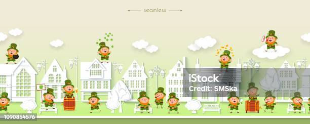 Patricks Day Seamless Border Leprechauns Street White Houses Paper Cut Vector Stock Illustration - Download Image Now