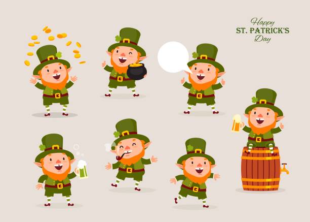 ilustrações de stock, clip art, desenhos animados e ícones de leprechaun, vector illustration, st. patrick's day, isolated objects for design, vector, set of characters 1 - leprechaun holiday