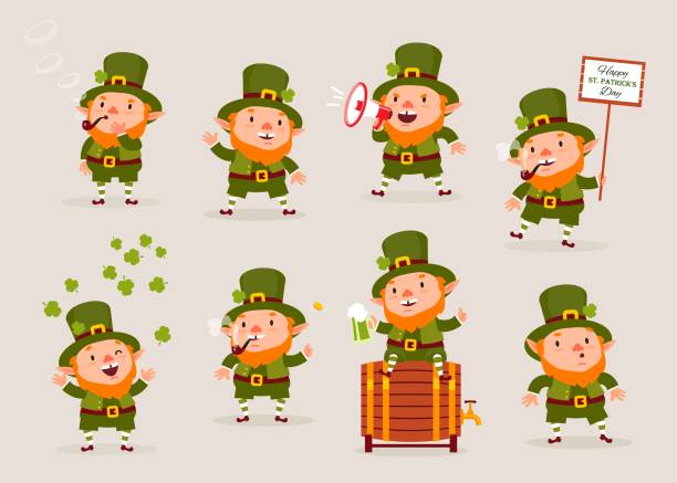 ilustraciones, imágenes clip art, dibujos animados e iconos de stock de leprechaun, ilustración vectorial, día de san patricio, objetos aislados para el diseño, vector, conjunto de caracteres 2 - celtic culture audio