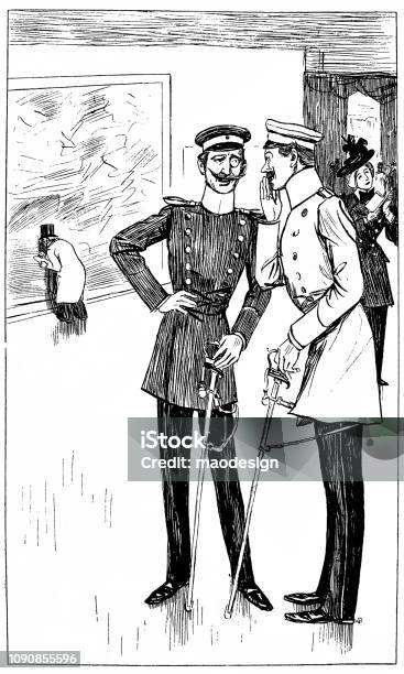 Quiet Conversation Between Two Prussian Officers In An Art Gallery 1896 Stock Illustration - Download Image Now