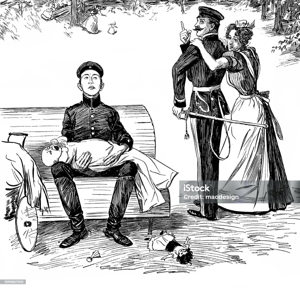 Young cadet keeps an eye on the newborn - 1896 1895 stock illustration