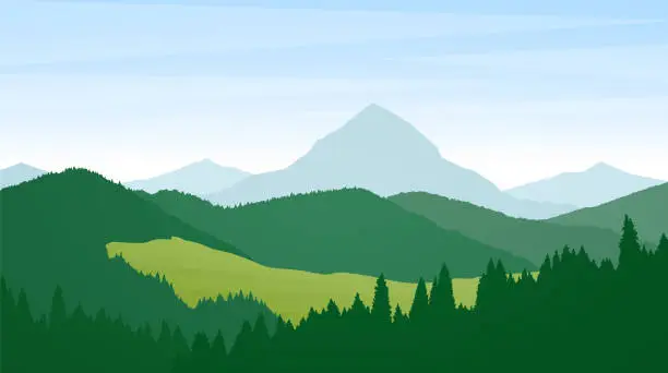 Vector illustration of Vector illustration: Summer Wild Mountains landscape with pines, hills and peaks.