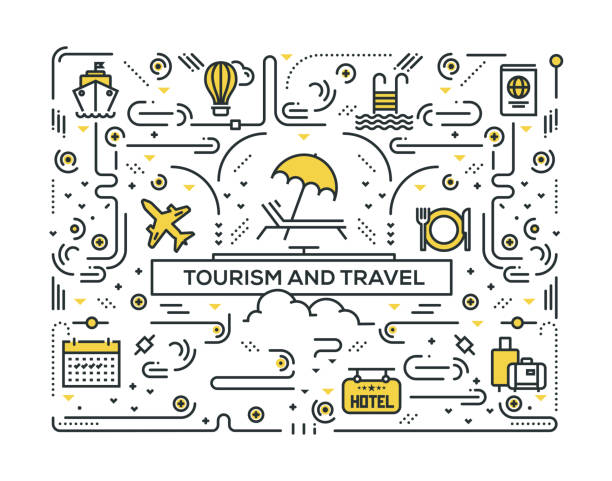 TOURISM AND TRAVEL LINE ICONS PATTERN DESIGN TOURISM AND TRAVEL LINE ICONS PATTERN DESIGN cruise ship cruise passport map stock illustrations