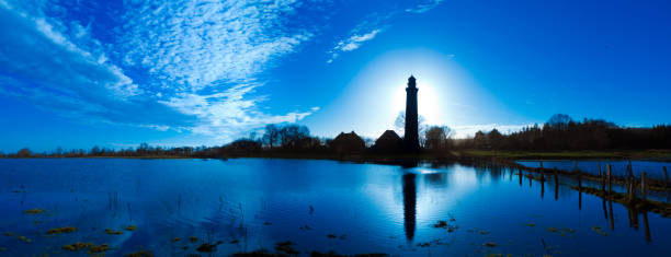 panoramic landscpae with Lighthouse in Behrensdorf in contre jour twilight