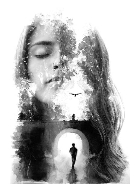Paintography. Double exposure portrait combined with hand drawn painting tells a story of two people using symbols and unique technique Paintography. Portrait combined with hand drawn ink relationship breakup photos stock pictures, royalty-free photos & images