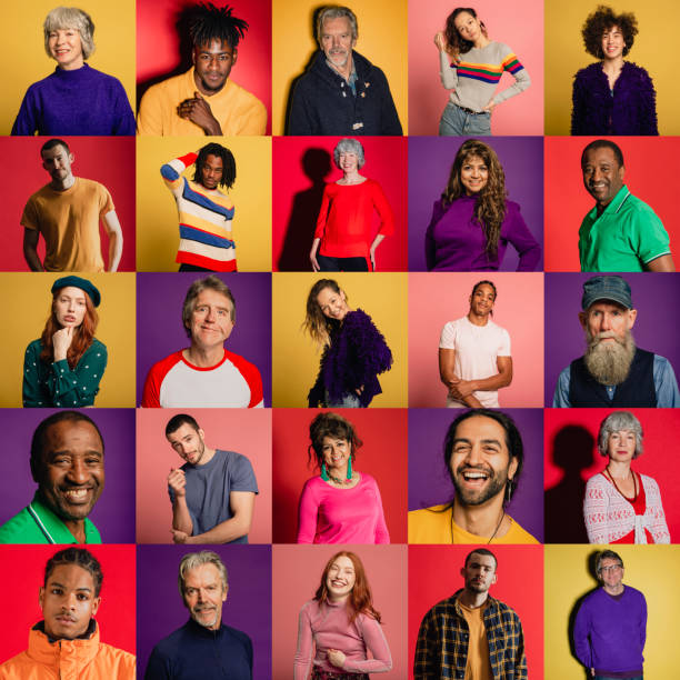 Portrait Montage Image montage featuring 25 portraits of unique individuals. vibrant group stock pictures, royalty-free photos & images